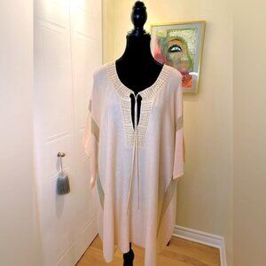 Soft Surroundings Pale Pink Knit Top W Bronze Gold Thread Pattern & Cord Front